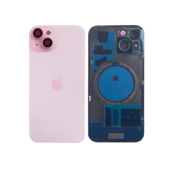 Задняя крышка корпуса iPhone 15 Pink, обычный вырез в сборе со стеклом камеры. High Quiality (НЕ цельнолитая)
