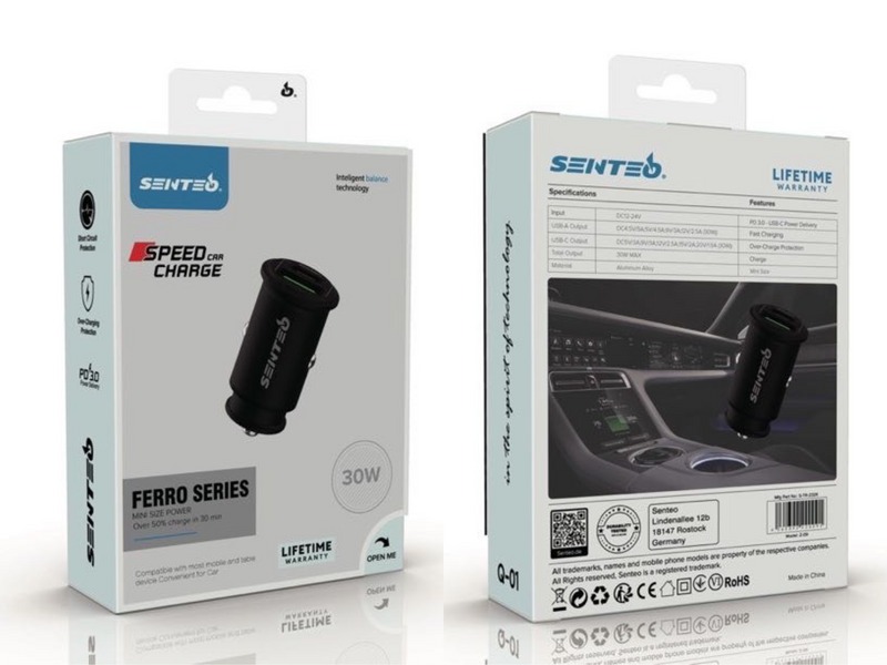 АЗП SENTEO Q-02 USB + USB-C PD | QC 30W 3A (CE Сертифікат) black