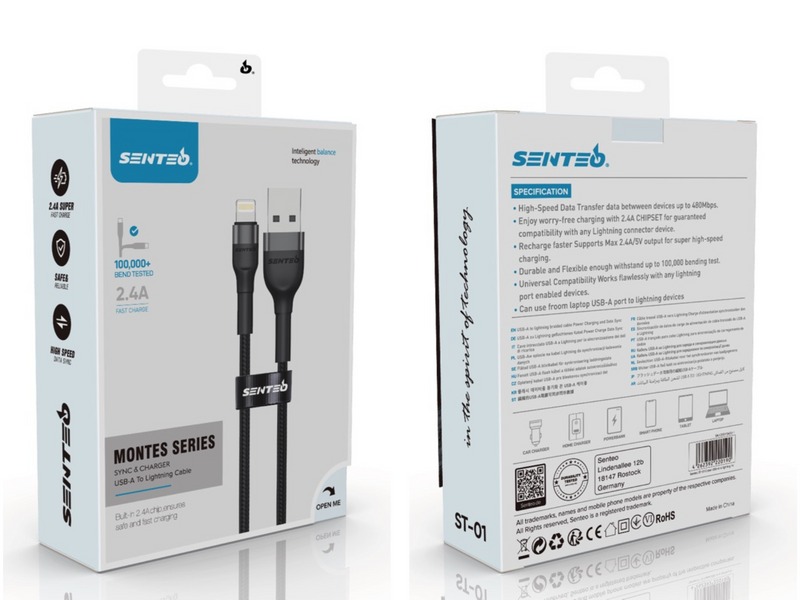 Кабель SENTEO ST-01 Montes series 2.4A USB to Lightning 1m black