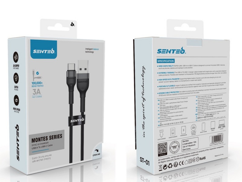 Кабель SENTEO ST-01 Montes series 3A USB to Type-C 1m black