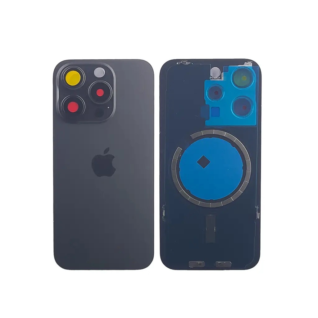 Задня кришка корпусу iPhone 15 Pro Black Titanium, звичайний виріз в зборі зі склом камери, High Quiality (НЕ цільнолита)
