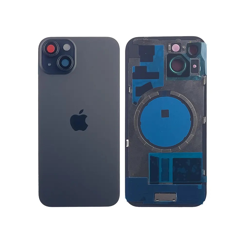 Задняя крышка корпуса iPhone 15 Black, обычный вырез в сборе со стеклом камеры. High Quiality (НЕ цельнолитая)