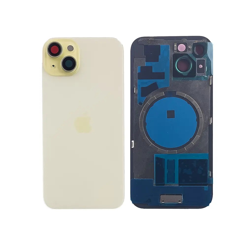 Задня кришка корпусу iPhone 15 Yellow, звичайний виріз в зборі зі склом камери та магнітами. High Quiality (НЕ цільнолита)