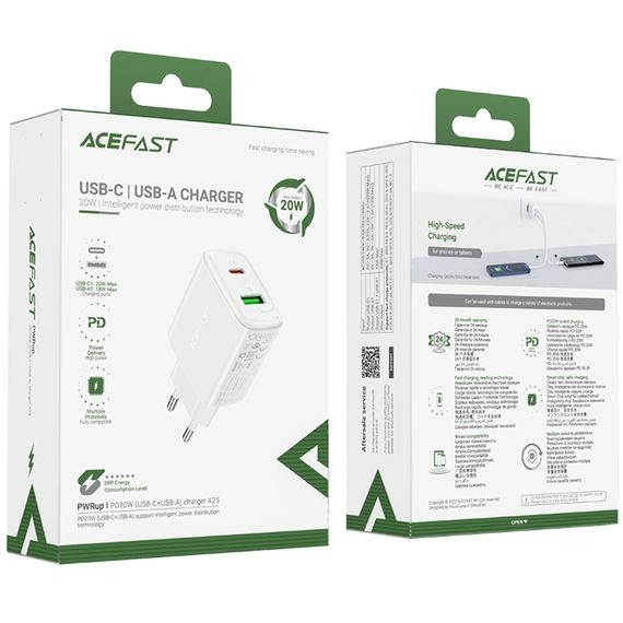 МЗП 2Port Acefast A25 USB+USB-C PD 3.0 20W white