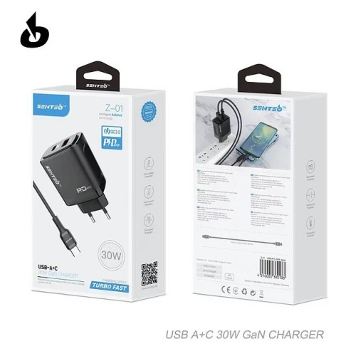 МЗП 2Port SENTEO Z-01 USB+USB-C 3A PD | QC3.0 30W Type-C to Type-C (CE Сертифікат) black