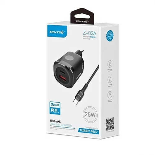 МЗП 2Port SENTEO Z-02A USB+USB-C 3A PD | QC3.0 25W Type-C to Type-C (CE Сертифікат) black