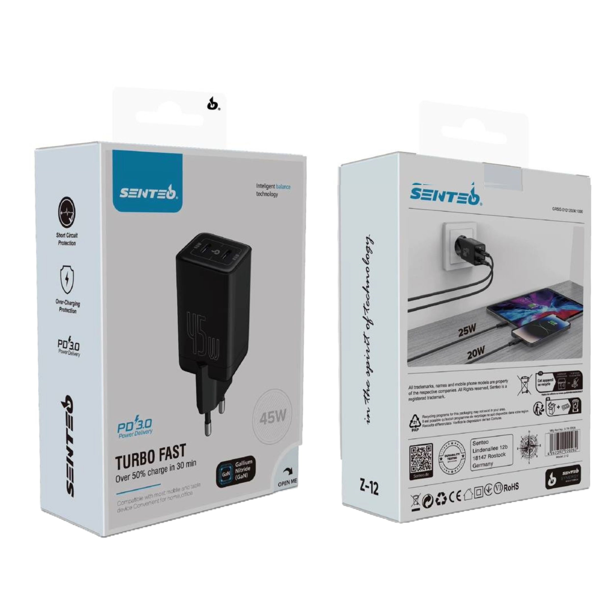 МЗП 2Port SENTEO Z-12 2USB-C PD3.0 45W Super Fast charge (CE Сертифікат) (black)