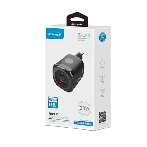 СЗУ 2Port SENTEO Z-02S USB+USB-C 3A PD 30W (CE Сертификат) black