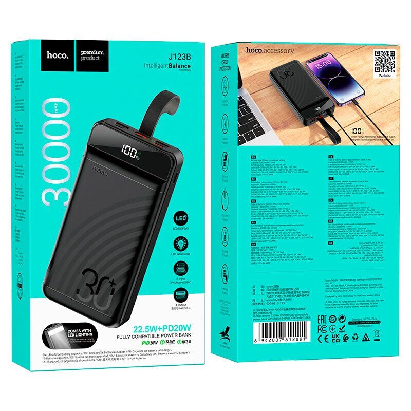 Power Bank Hoco J123B Element 22.5W | PD20W fully compatible with LCD and LED Lamp 30000mAh black