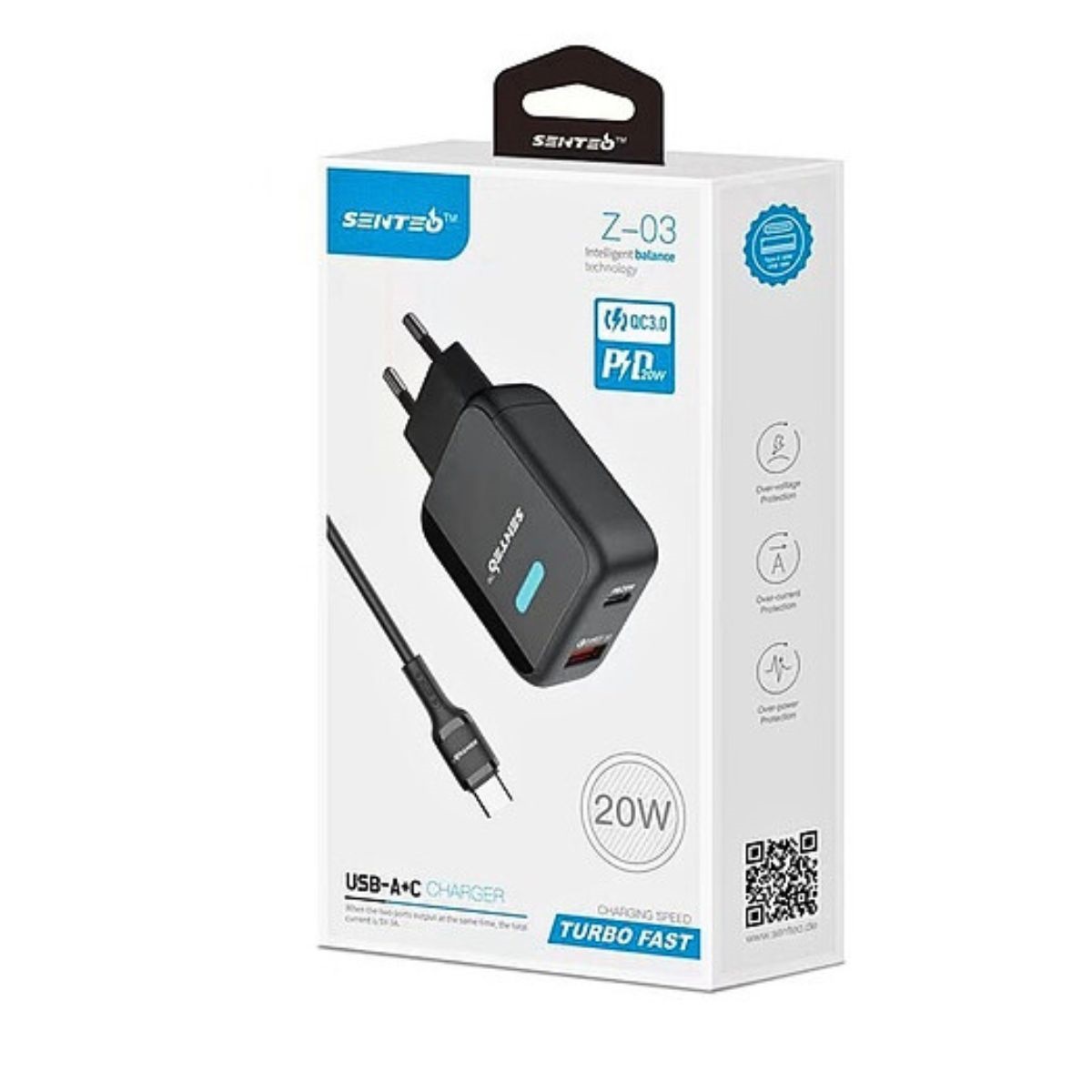 МЗП 2Port SENTEO Z-03 USB+USB-C 3A PD | QC3.0 20W Type-C to Type-C (CE Сертифікат)