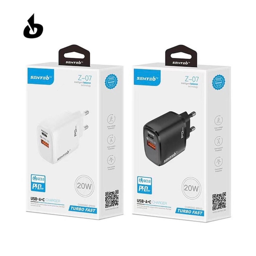 МЗП 2Port SENTEO Z-07 USB+USB-C 3A PD | QC3.0 20W (CE Сертифікат) black