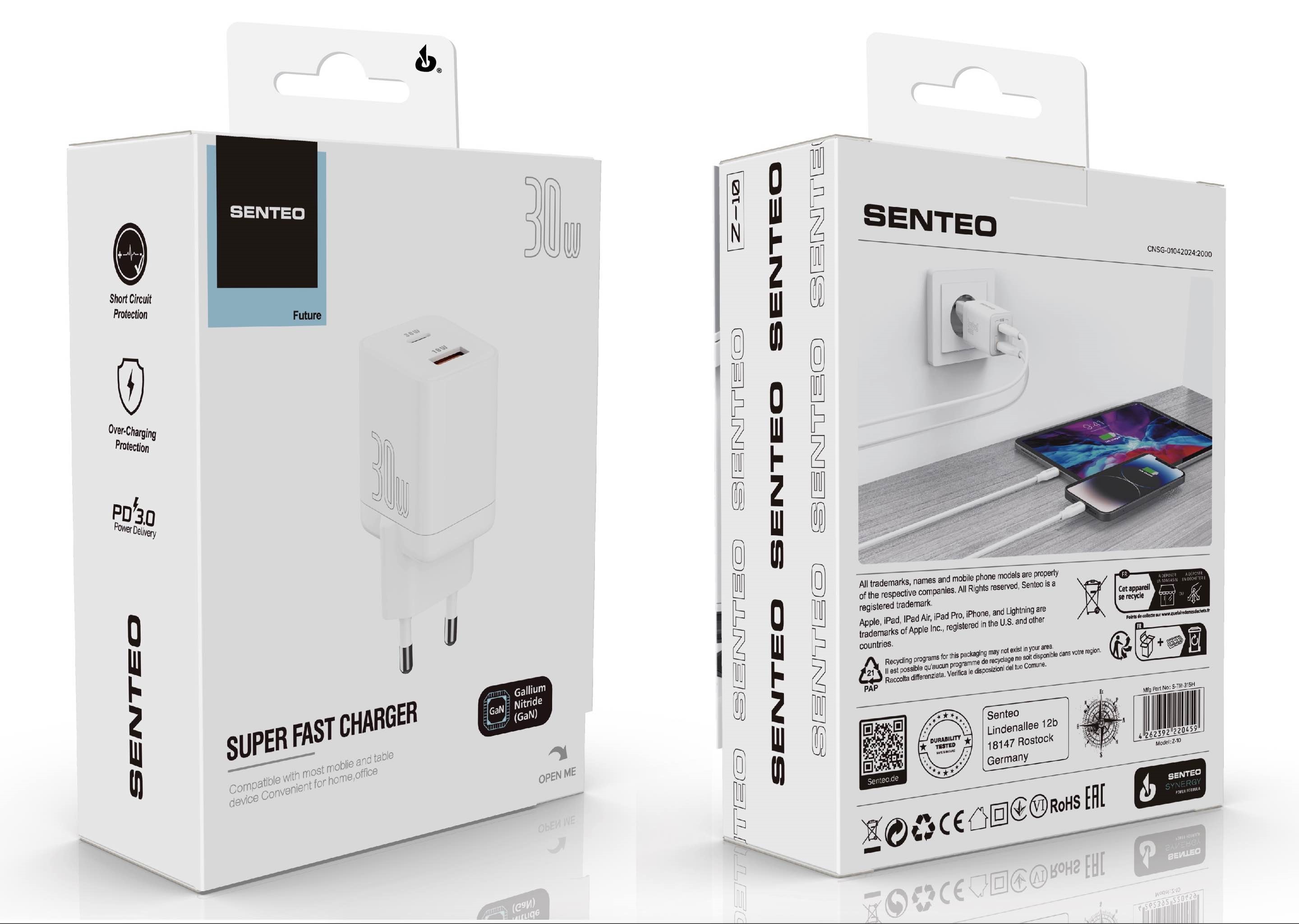 СЗУ 2Port SENTEO Z-10 USB+USB-C PD3.0 | QC3.0 30W (CE Сертификат) white