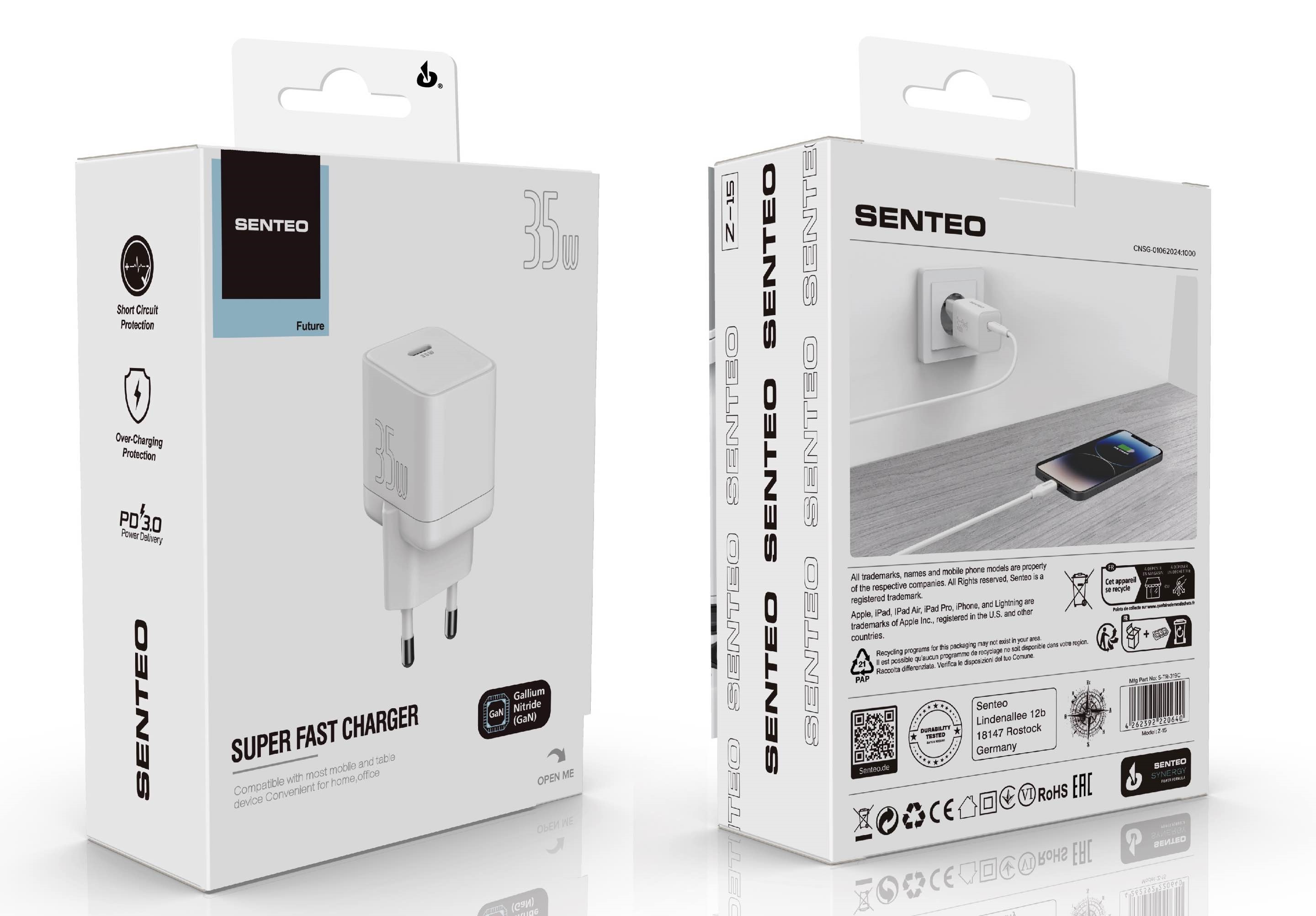 МЗП 1Port SENTEO Z-15 USB-C PD 35W (CE Сертифікат) white