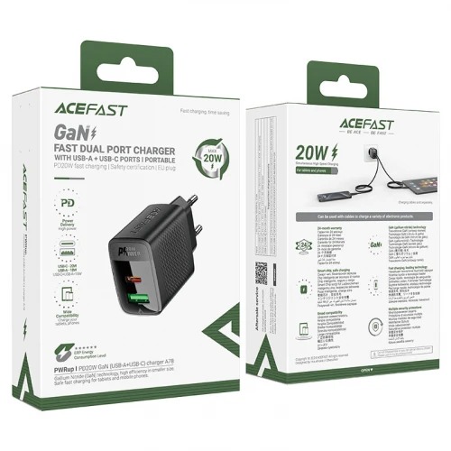 СЗУ 2Port Acefast A78 USB+USB-C GaN PD 20W black