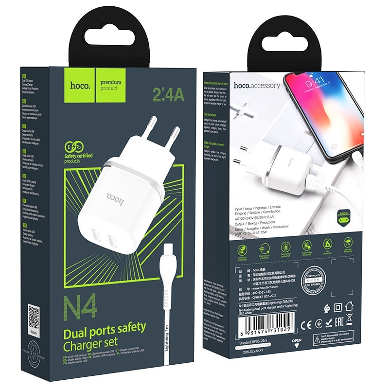 МЗП 2Port Hoco N4 2USB 2.4A USB to Lightning white