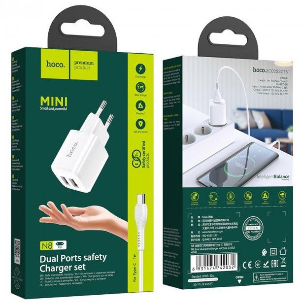 МЗП 2Port Hoco N8 2USB 2.4A USB to Type-C white