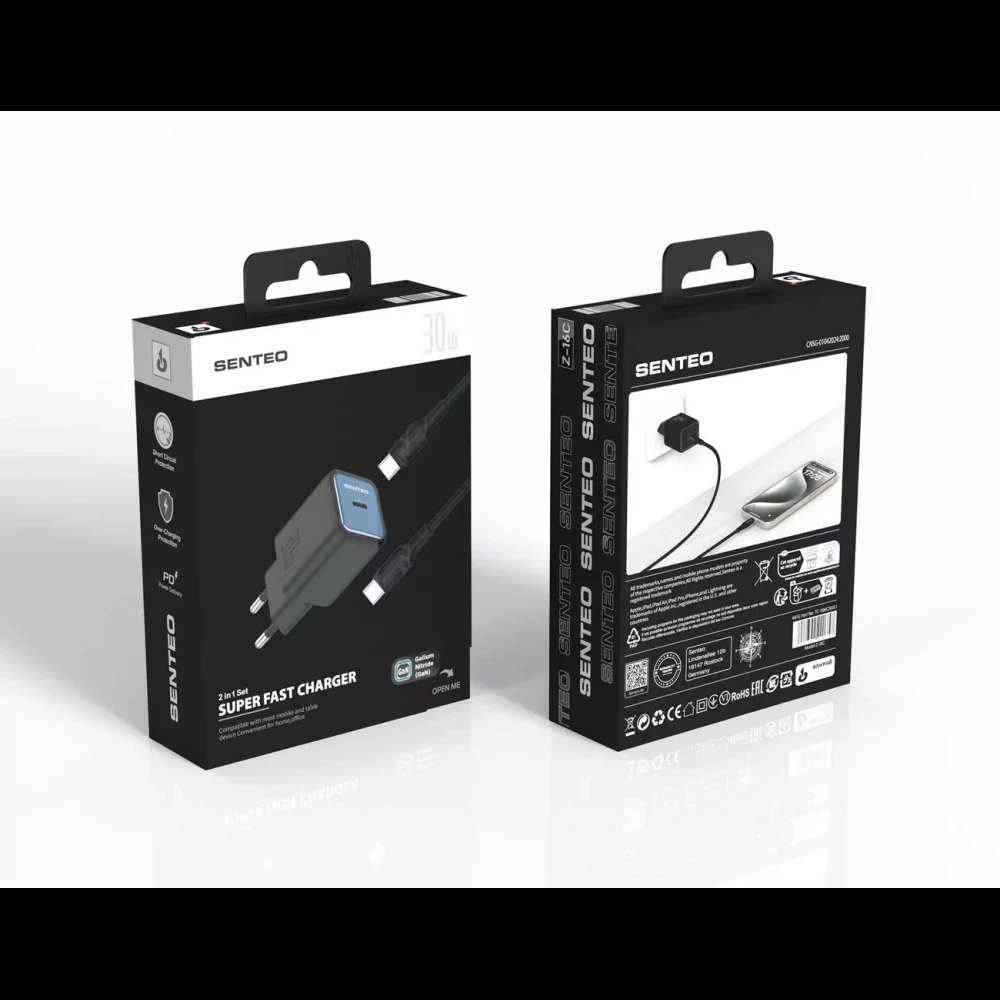 СЗУ 1Port SENTEO Z-16c USB-C PD 30W Type-C to Type-C (CE Сертификат) black