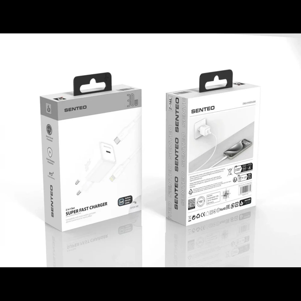 СЗУ 1Port SENTEO Z-16L USB-C PD 30W Type-C to Lightning (CE Сертифікат) white