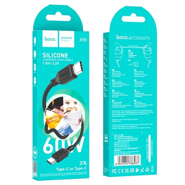 Кабель Hoco X90 Silicone 60W Type-C to Type-C 1m black