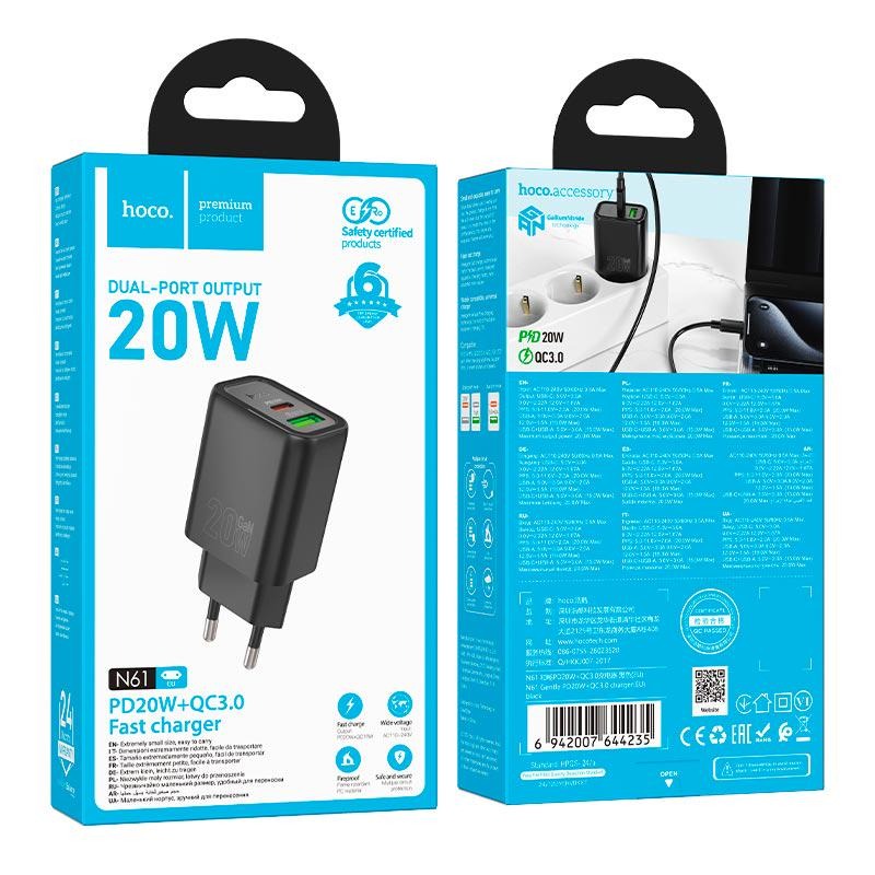 МЗП 2Port Hoco N61 Gentle USB+USB-C QC 3.0 PD 20W (black)