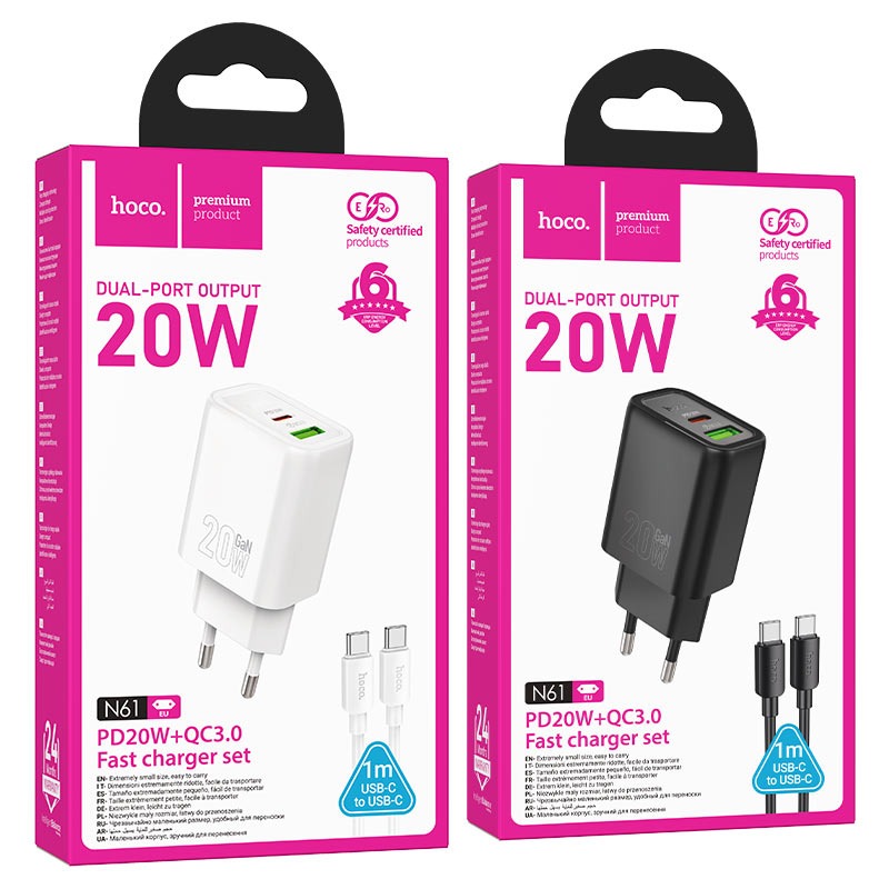 МЗП 2Port Hoco N61 Gentle USB+USB-C QC 3.0 PD 20W Type-C to Type-C (black)